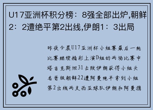 U17亚洲杯积分榜：8强全部出炉,朝鲜2：2遭绝平第2出线,伊朗1：3出局
