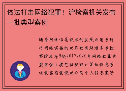 依法打击网络犯罪！沪检察机关发布一批典型案例