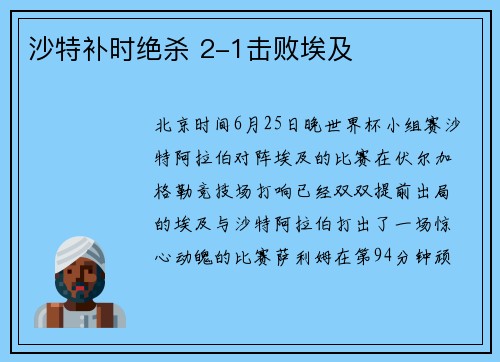 沙特补时绝杀 2-1击败埃及